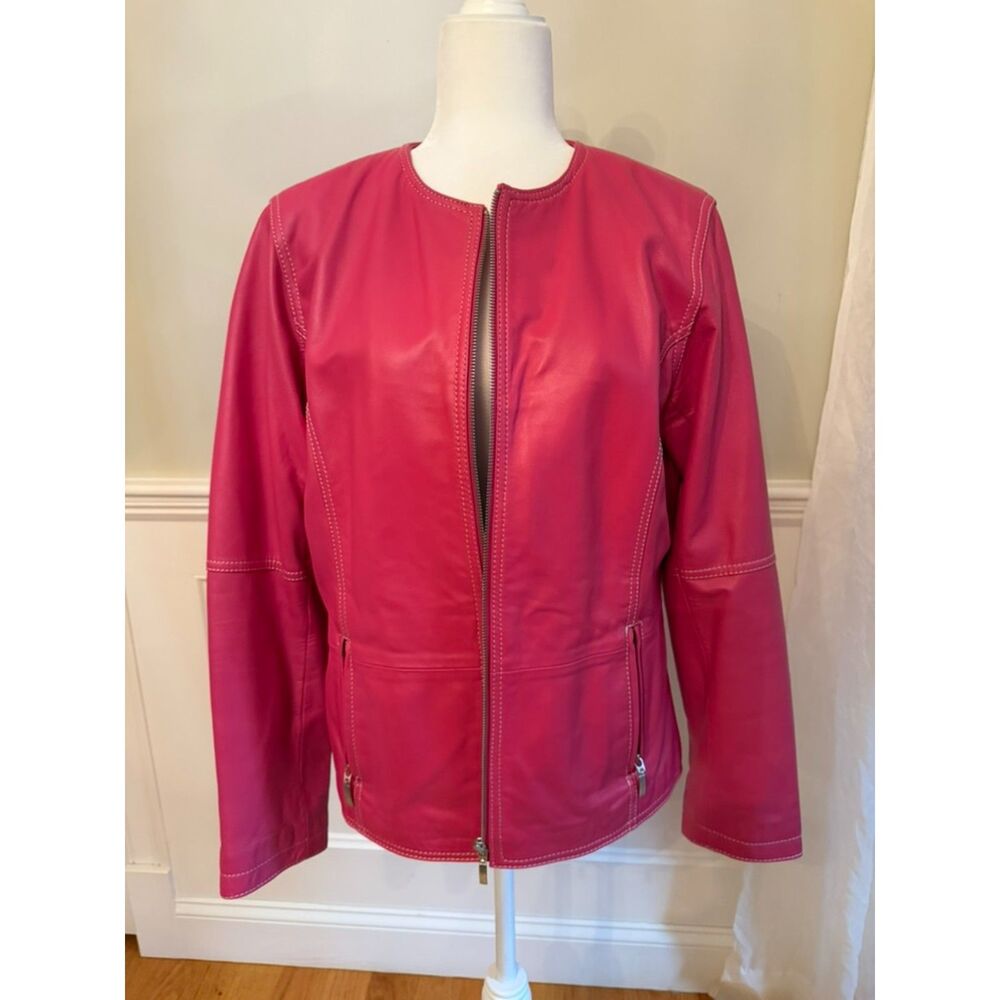 Chico's Genuine Leather Jacket Pink Zip Front Size 2 (Large 12/14)